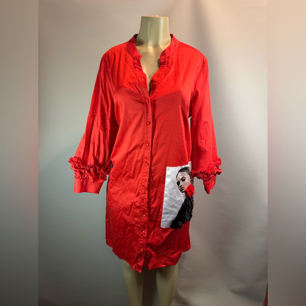 Ay-Sel Women’s Red High Low Shirt Dress Retro Sequins Ruffles Sleeves Size 46